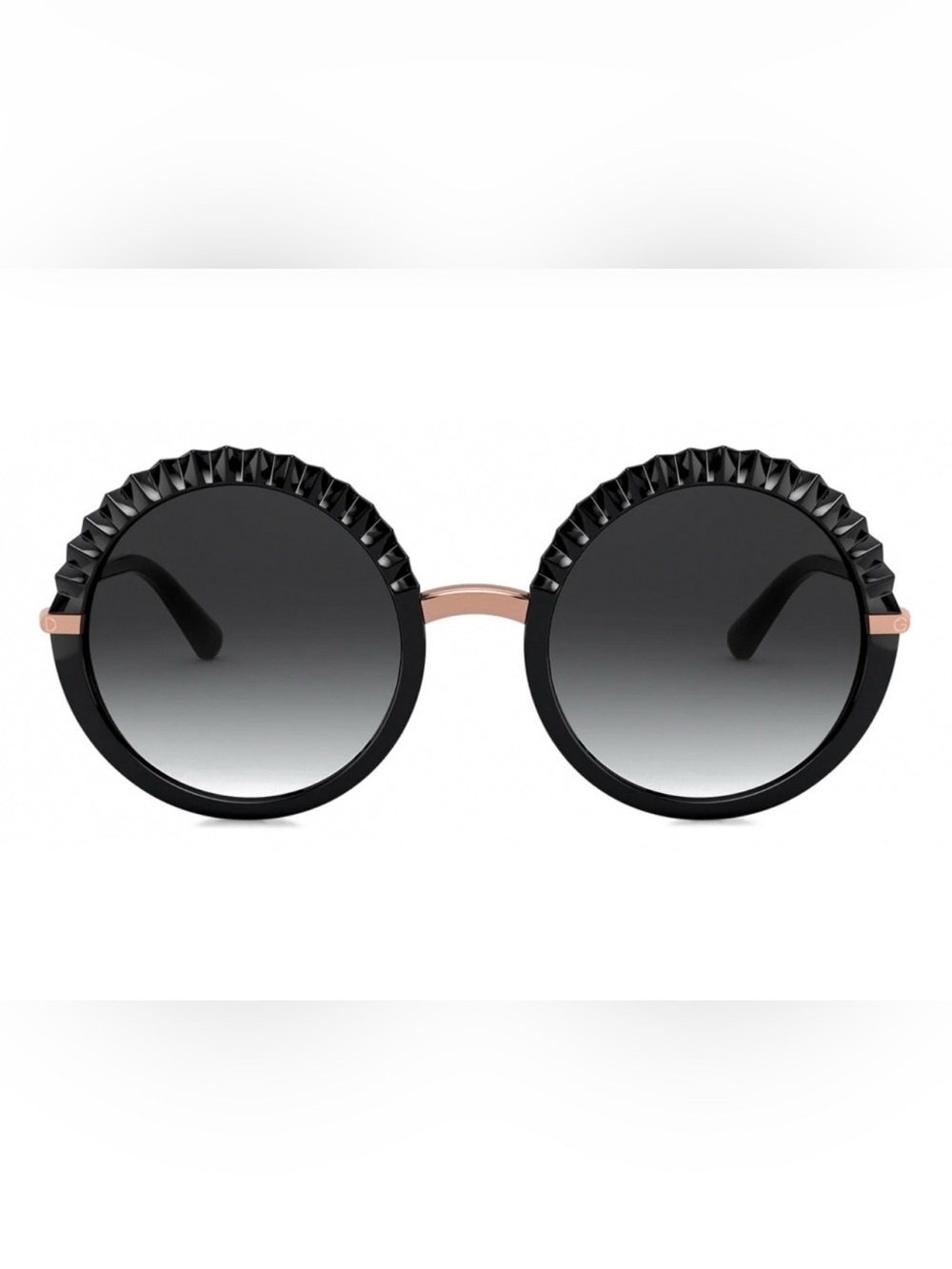Dolce and Gabanna Round Black Sunglasses with Textured Rim and Rose Gold Bridge